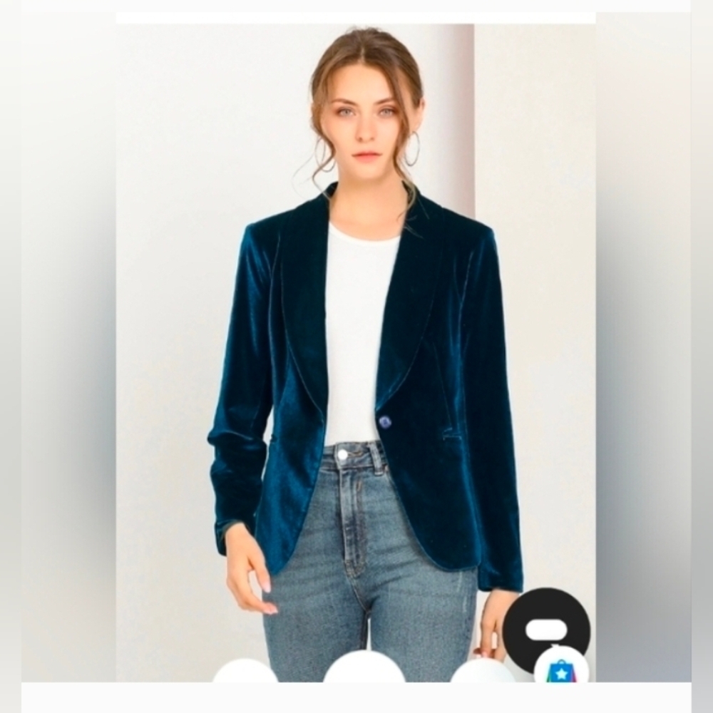 Allegra K Women's Office Coat Collared 1 Button Velvet Blazer